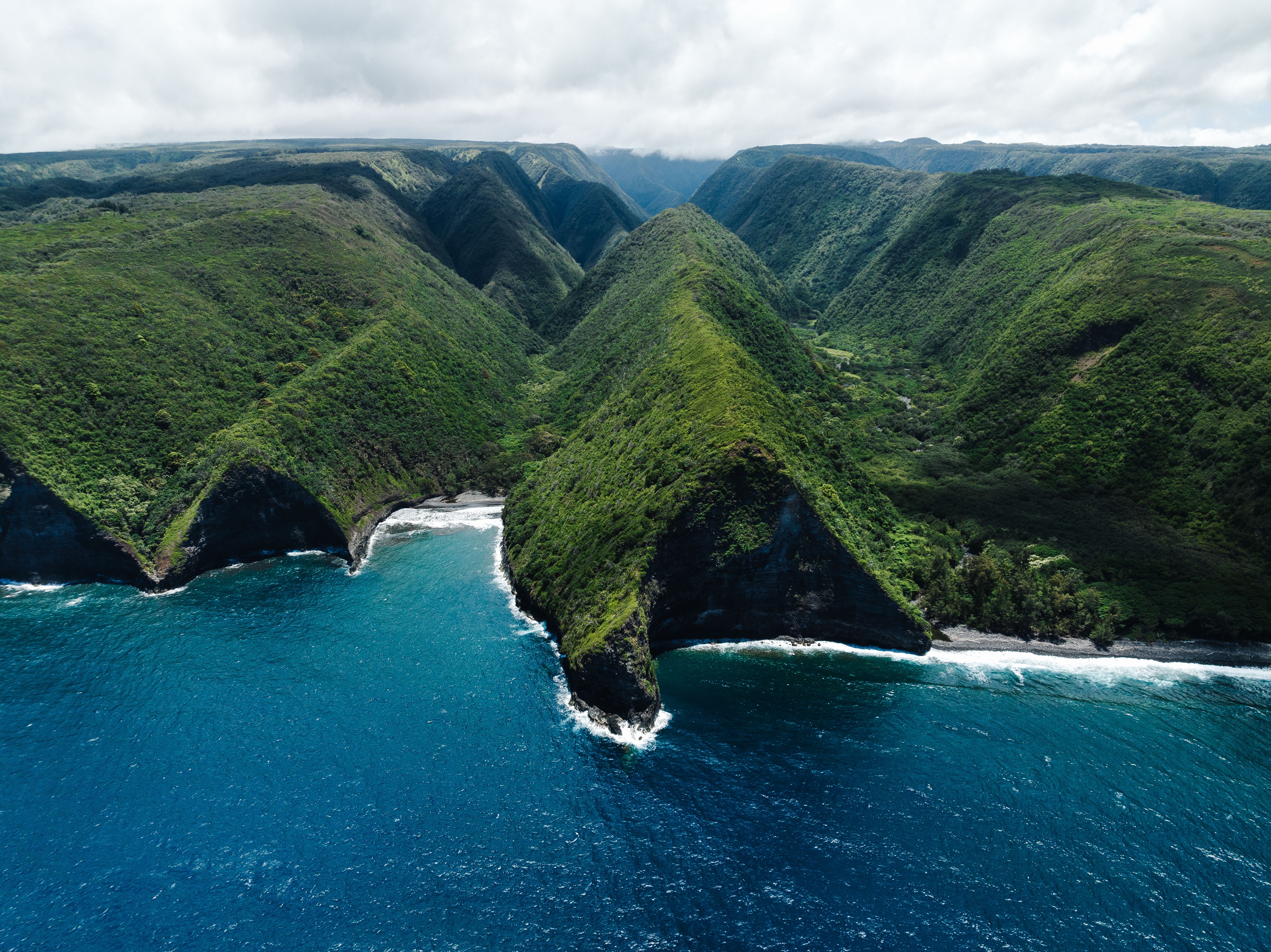 Ultimate Day Trip from Oahu to Hilo: Active Volcanoes & Helicopter Tour Review Review 2026 - Stunning aerial shot of the lush green cliffs and clear blue ocean in Halaula, Hawaii.