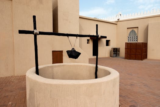 这座传统的沙漠房屋，在户外庭院中展示了一口古井