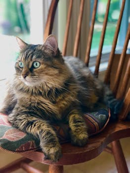 一只虎斑猫懒洋洋地躺在室内窗边的木椅上，构成了一幅迷人的肖像画