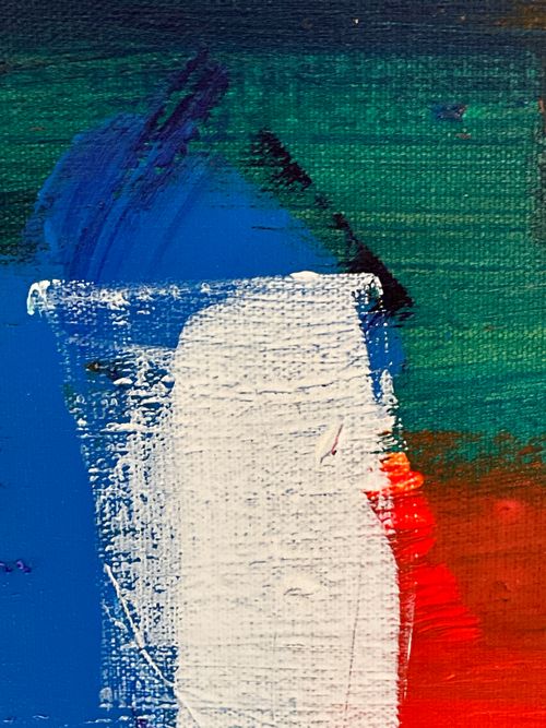 Free Vibrant abstract painting with blue, green, red, and white brushstrokes on canvas. Stock Photo