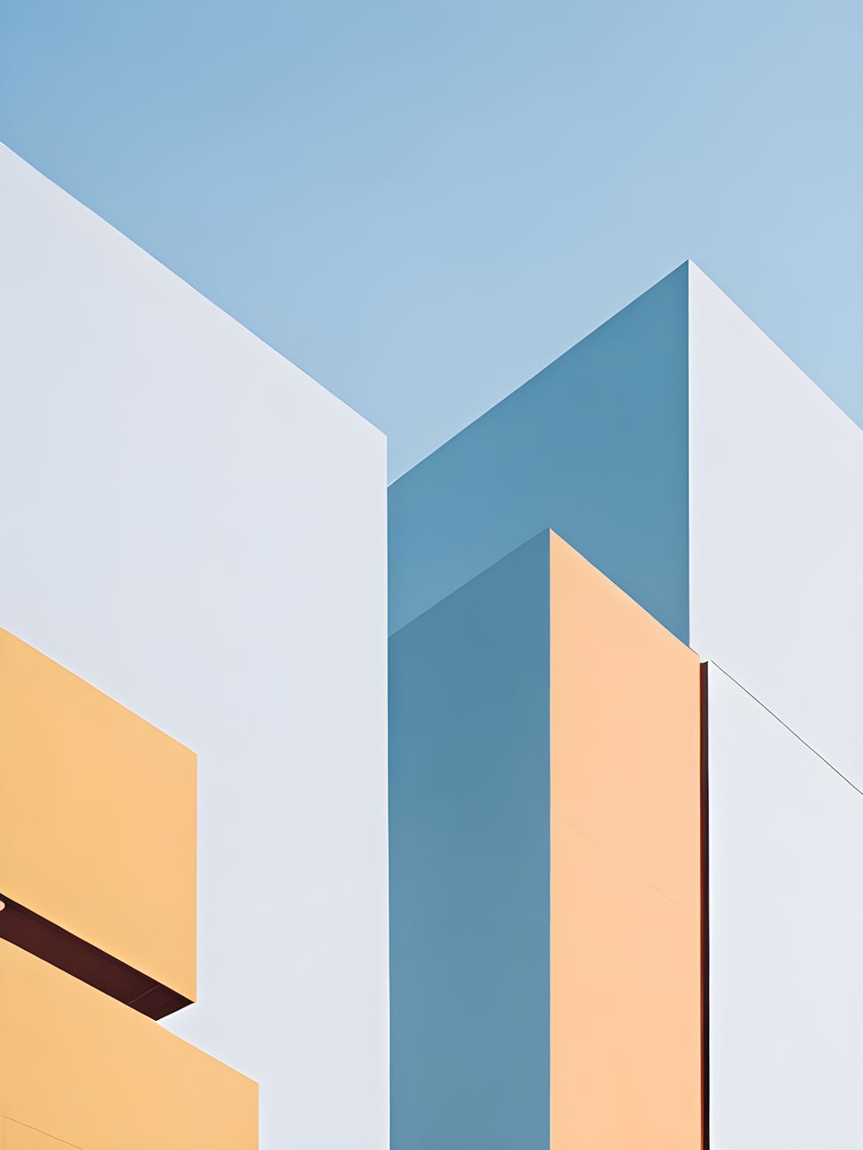 A clean, minimalist architectural facade featuring bold geometric shapes in pastel hues against a clear sky.