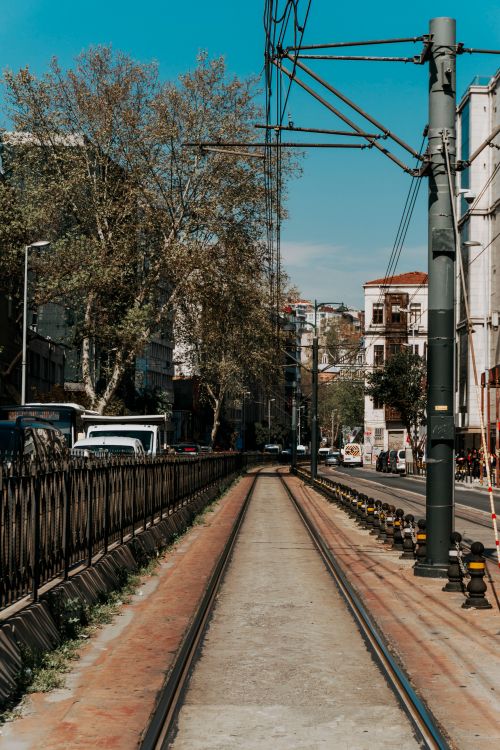 Free A sunlit city street featuring a tram railway, lined with trees and urban buildings. Stock Photo