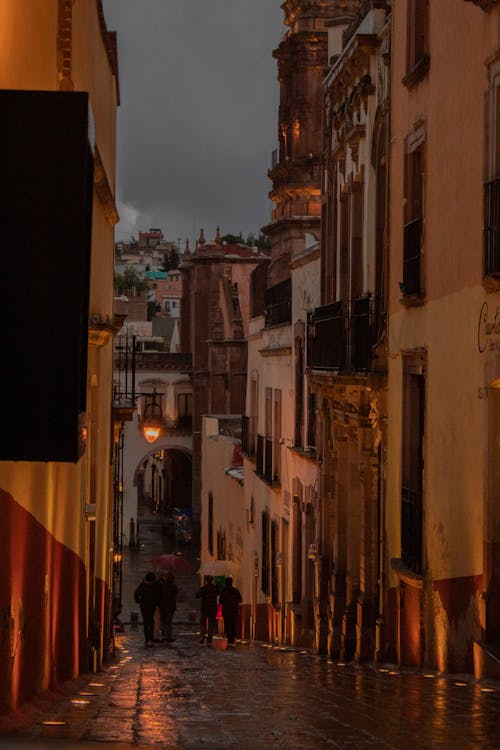 People with Umbrellas Walking on a Wet Pavement between Buildings in City 