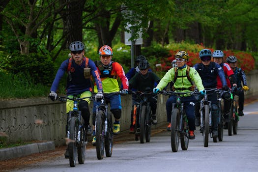 A group of cyclists enjoy a ride through a scenic park on a sunny day.