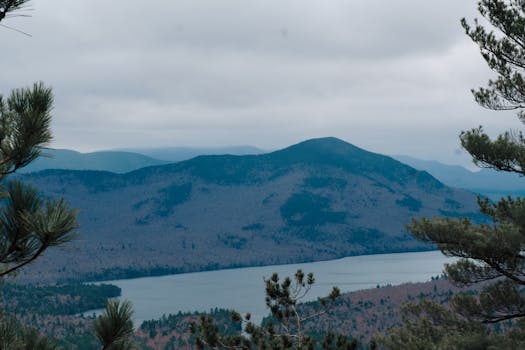A serene mountain range with a river, framed by evergreen trees under cloudy skies.