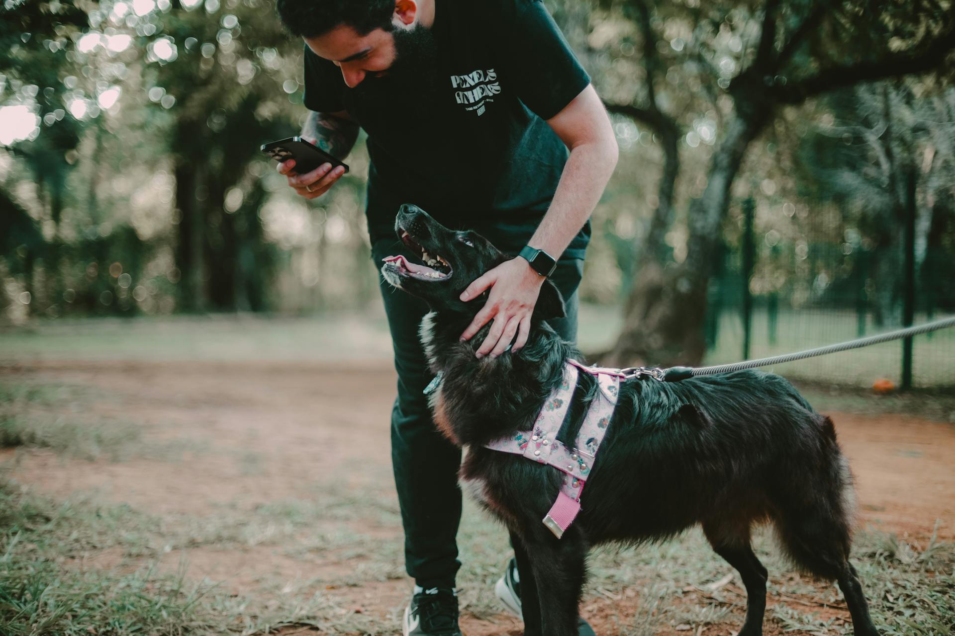 Man Petting his Dog and Holding a Phone