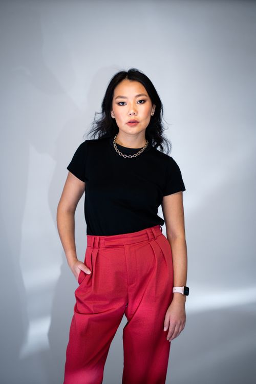Free Elegant woman posing in a studio in trendy red pants and black top. Stock Photo
