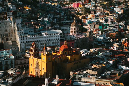 Vibrant aerial view of Guanajuato City, highlighting the iconic Basilica de Nuestra Señora de Guanajuato.