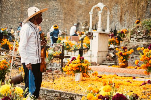 Traditional Day of the Dead celebration in Janitzio, featuring colorful marigolds and a violinist.