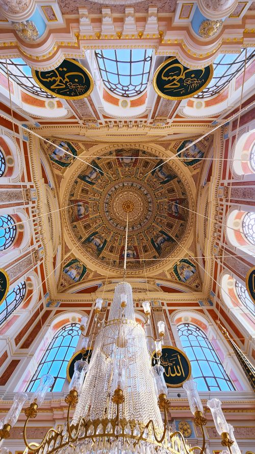 Free Intricate view of Ortaköy Mosque's ornate ceiling with chandeliers in Istanbul, Turkey. Stock Photo