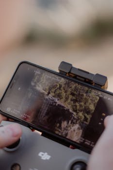 Close-up of a smartphone and drone controller capturing a scenic view.