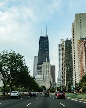 在阳光明媚的日子里，芝加哥的城市天际线以标志性的汉考克大厦为特色