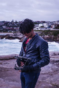 A man in a leather jacket operates a drone controller on a rocky beach with an ocean view.