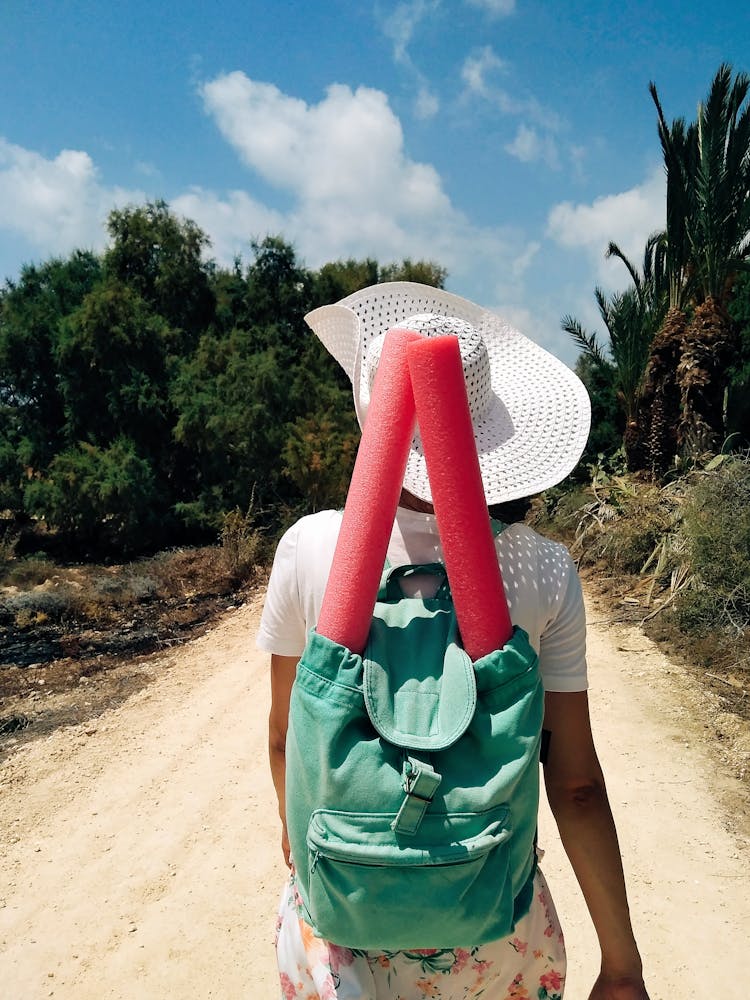 Back View Of A Woman Walking With A Green Backpack In An Arid Landscape