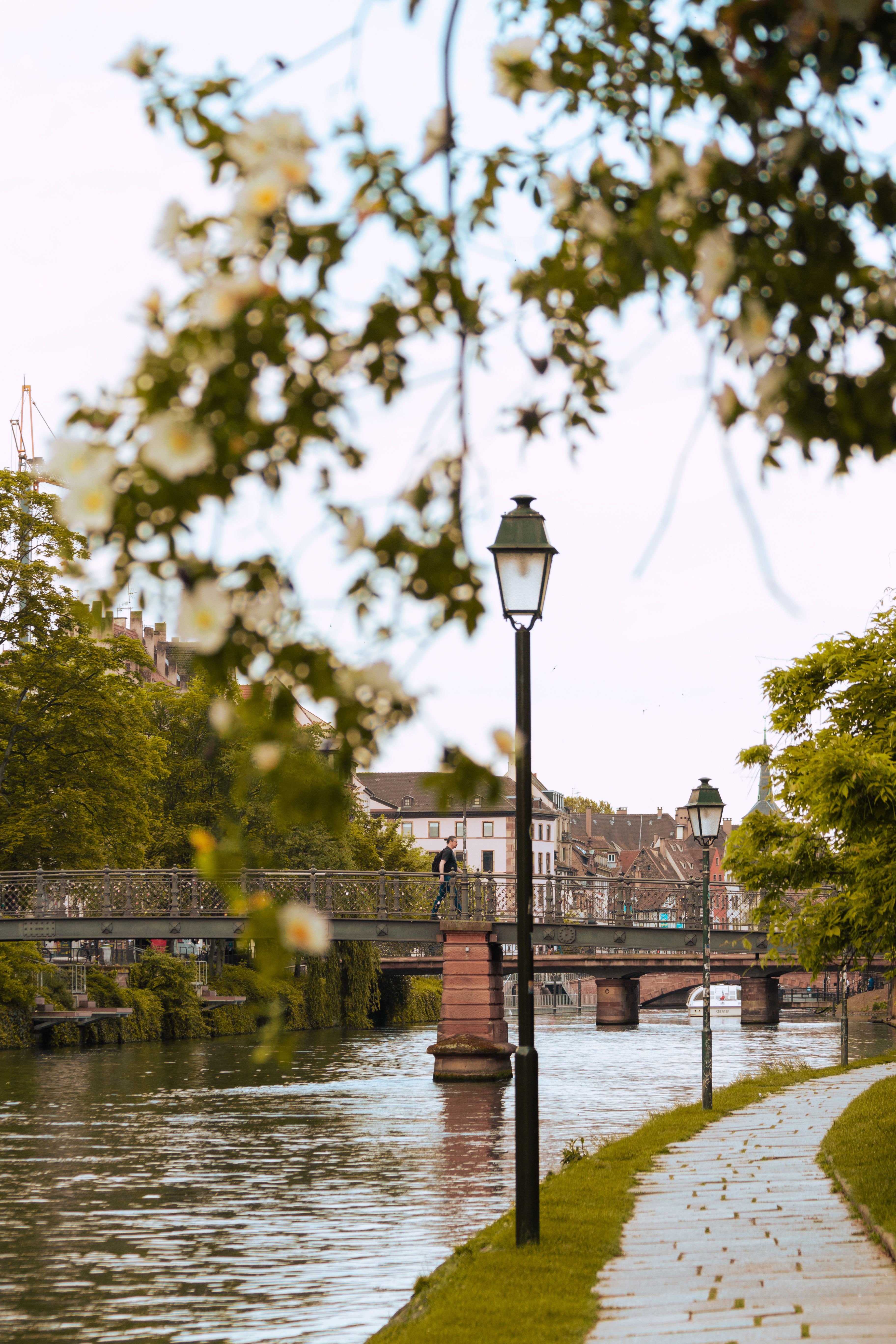 Canal traversé par un pont, réverbères et bâtiments bas, en périphérie de Strasbourg.