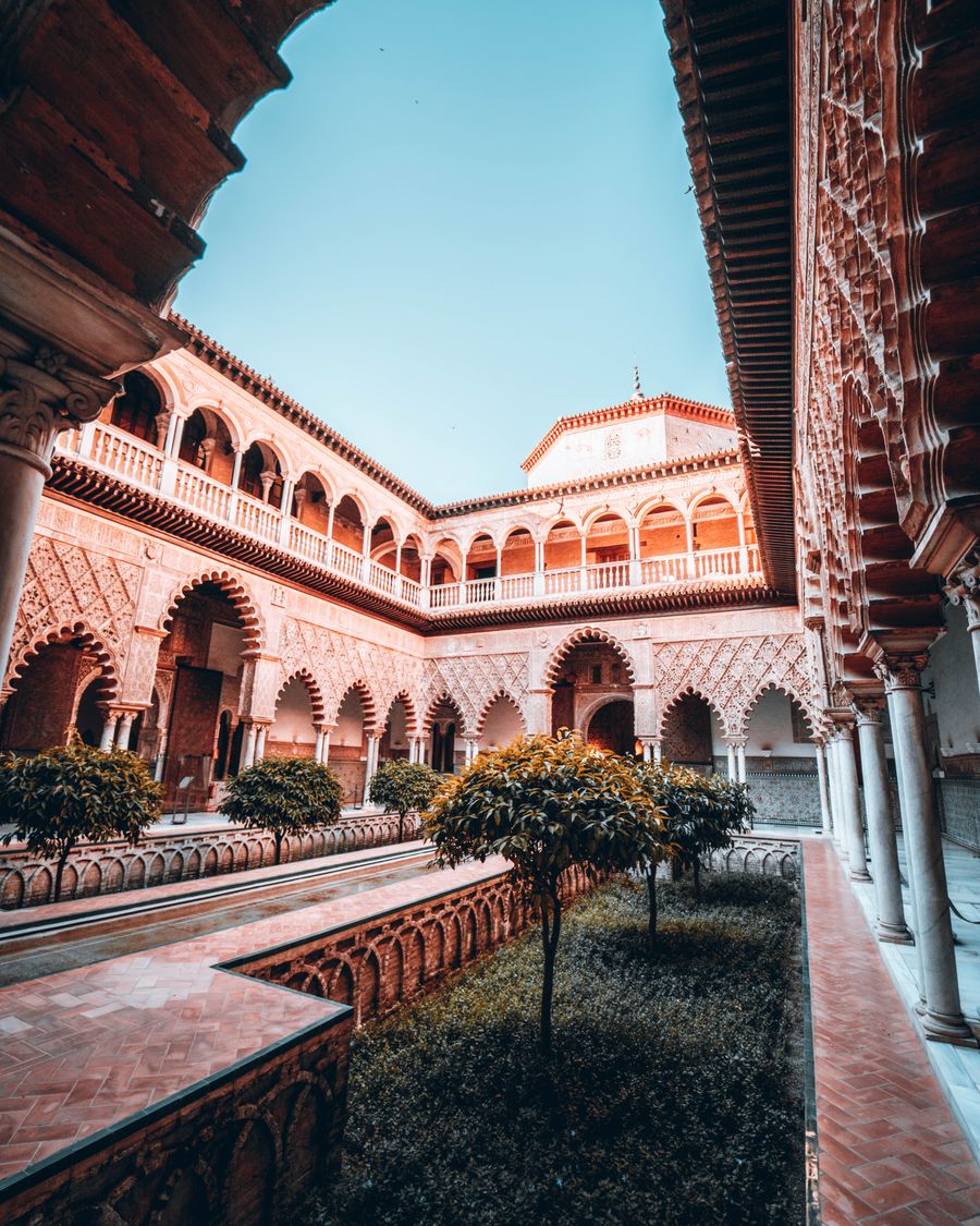 Clipped trees in a walled courtyard edged with red-brick arcades
