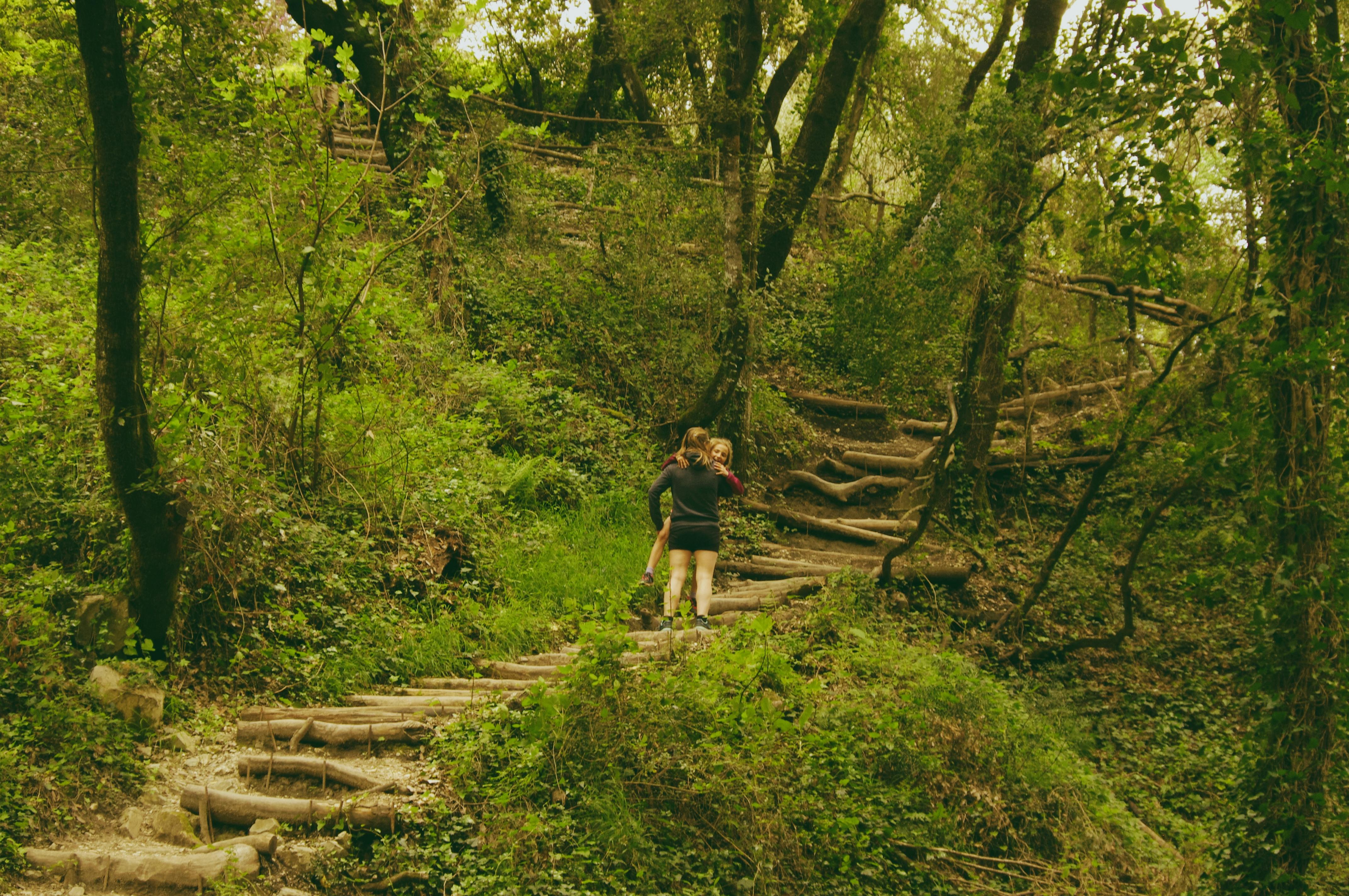 A woman and her child enjoy a summer hike through a lush green forest, embracing adventure in nature.