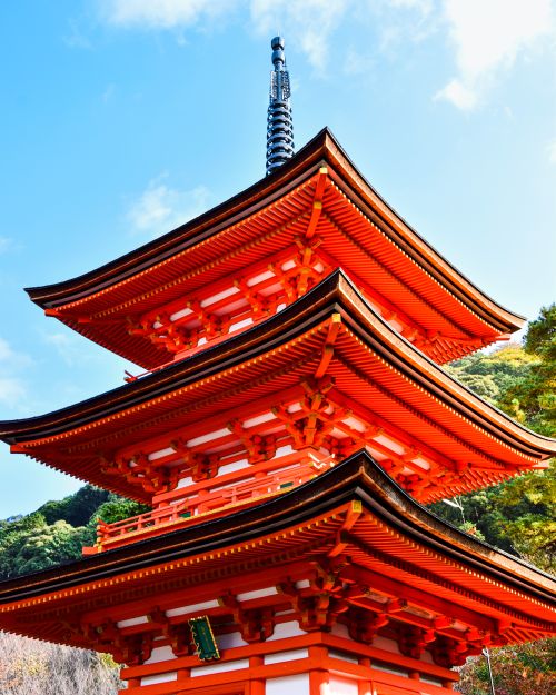 Free Beautiful red pagoda set against a clear sky in Kyoto, Japan, showcasing traditional architecture. Stock Photo