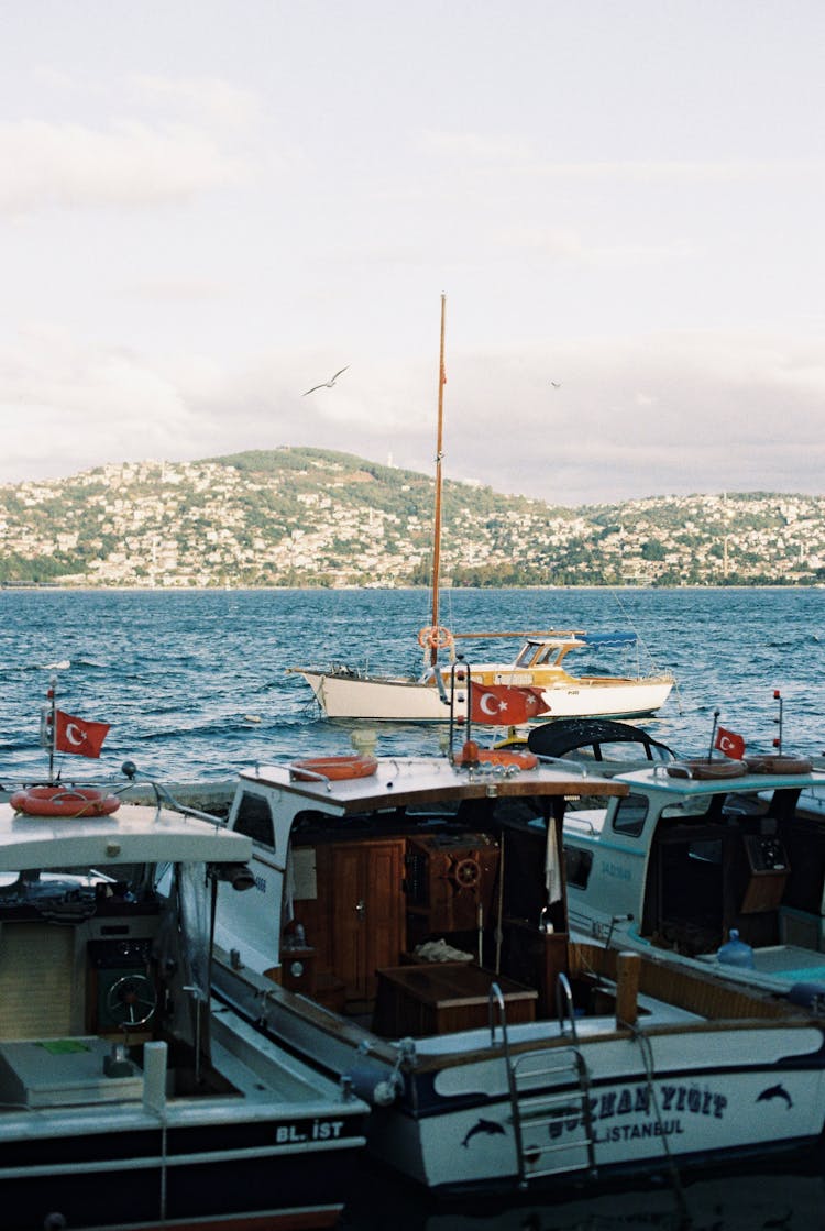 Boats With Turkish Flags In Bay