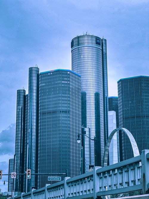 Free View of modern skyscrapers in Detroit's downtown skyline, featuring contemporary architecture. Stock Photo