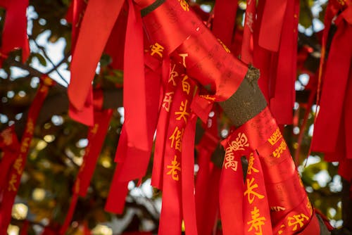 Close-up of Chinese Red Ribbons with Wishes 