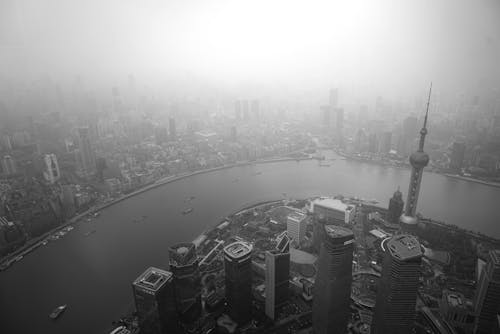 Birds Eye View of Shanghai under Fog in Black and White