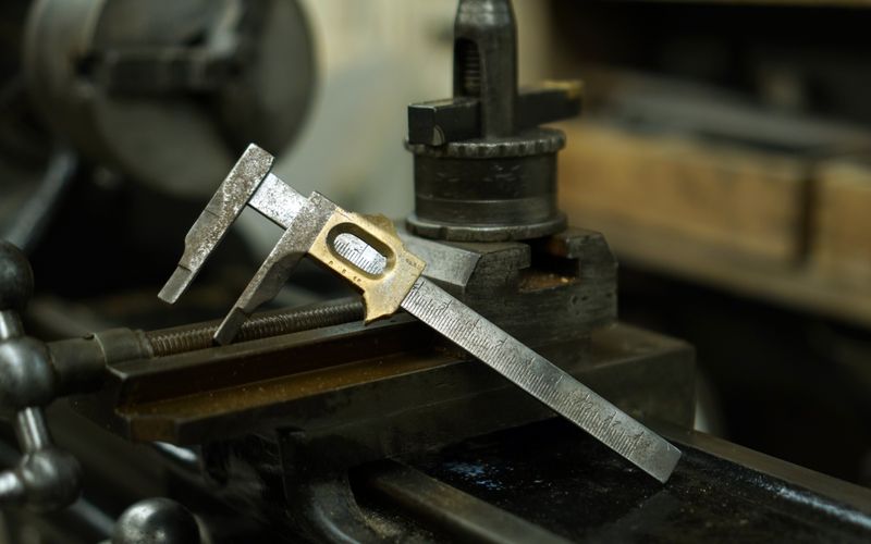 Vernier caliper checking a part on a lathe