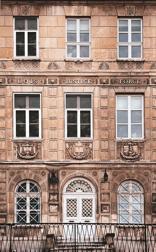 Free Justice, Old Building facade, windows Stock Photo