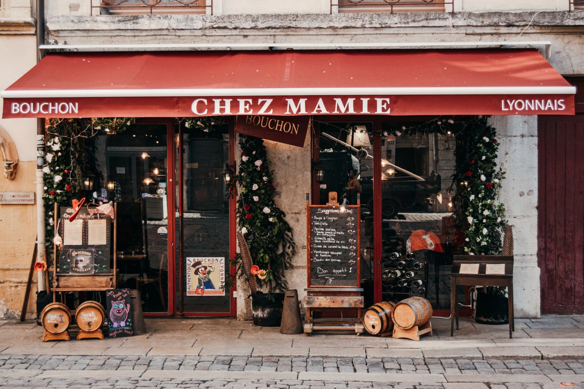 The storefront of a traditional Lyonnais bouchon