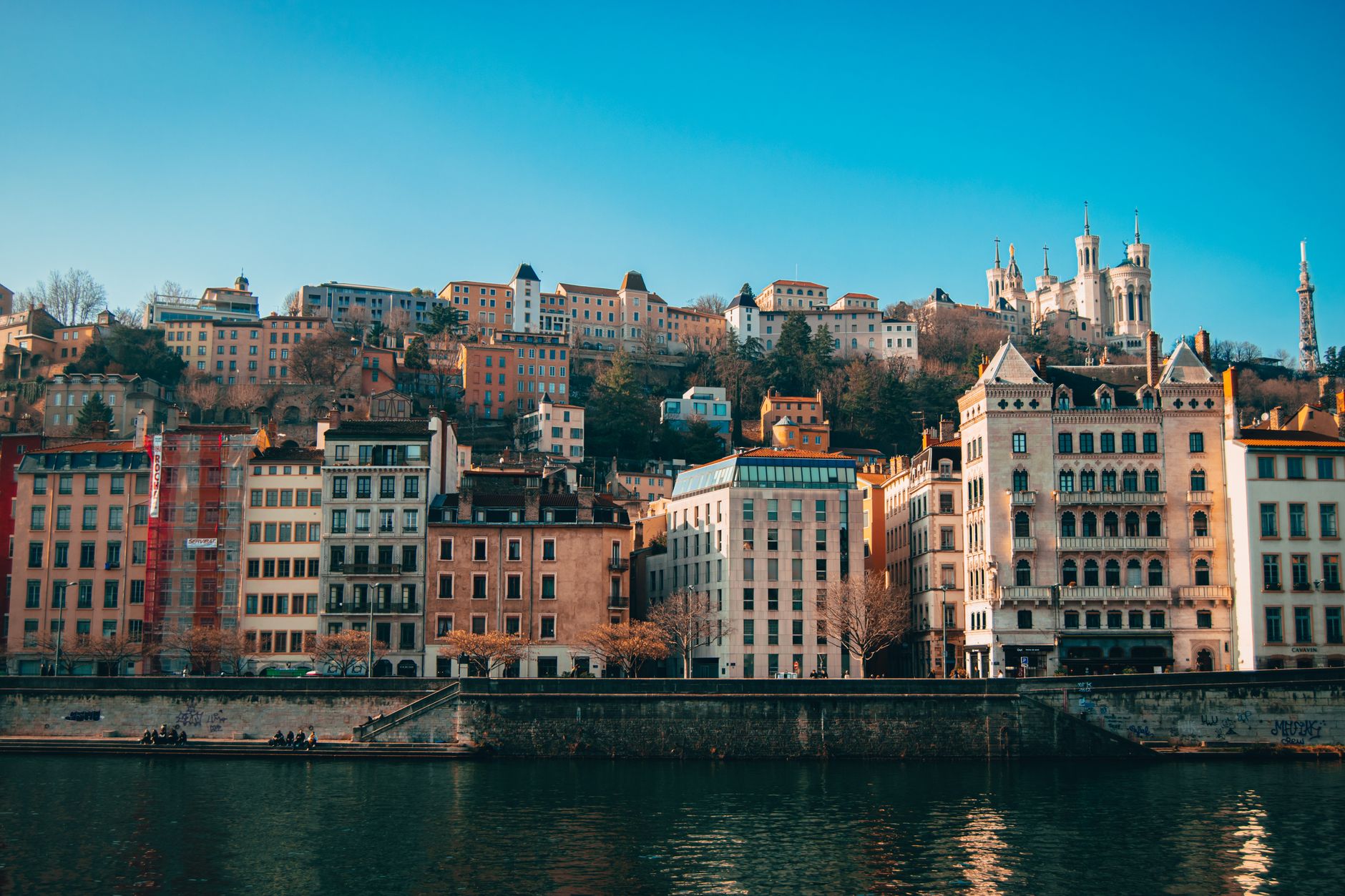 Historic buildings beside the Rhone River in Lyon