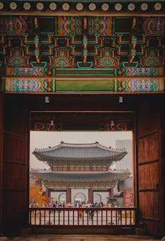 一扇华丽的大门勾勒出一座历史悠久的亚洲寺庙，展现了传统建筑与鲜艳的色彩