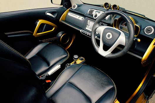 High-quality photo of a luxury car interior featuring leather seats and gold accents.