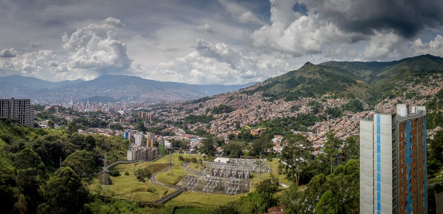 Panoramic view of Medellín, mountains in background
