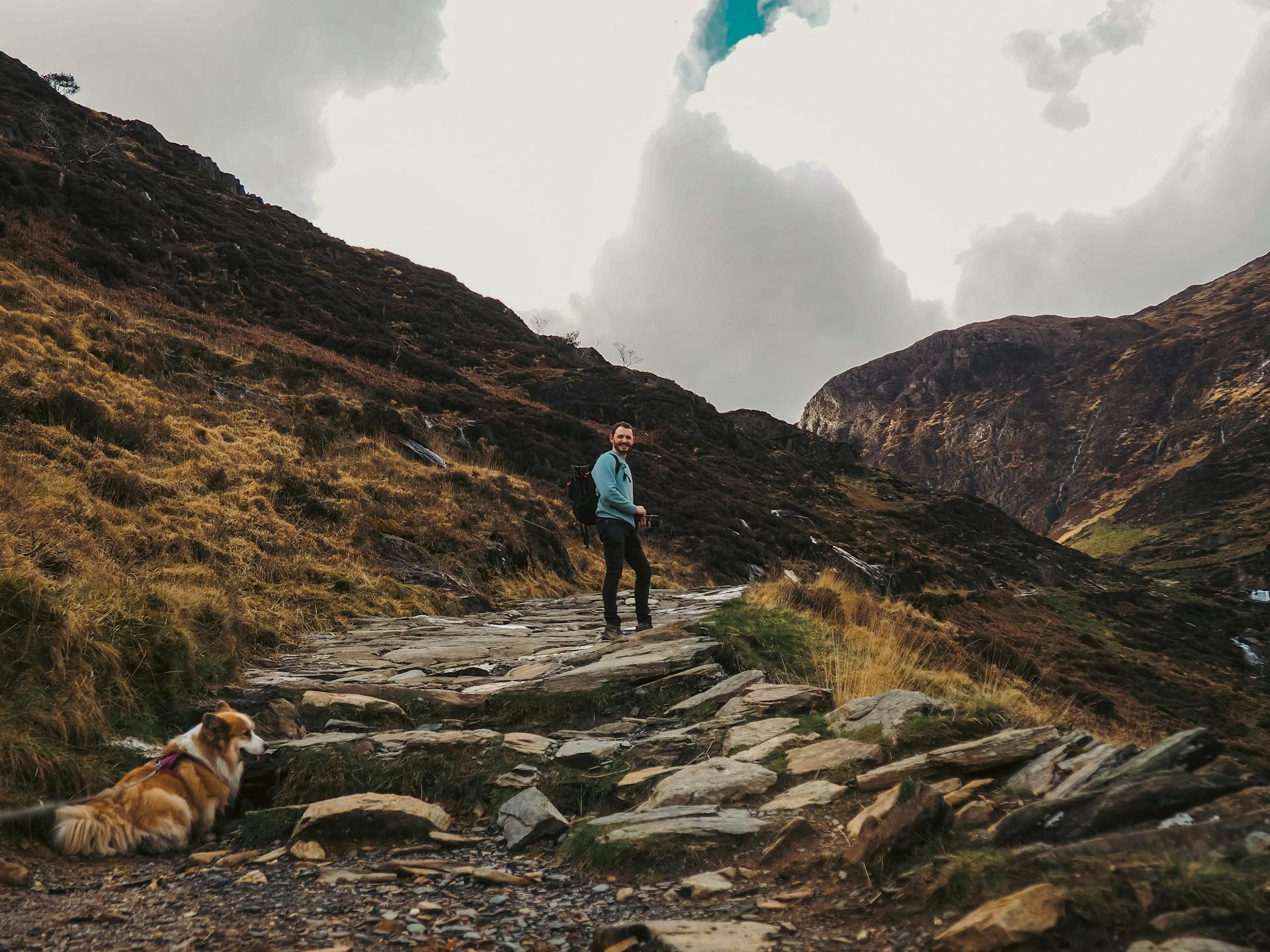 Man with Dog Hiking in Mountains