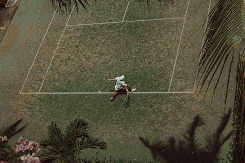 Man Playing Tennis on Court in Tropical Landscape