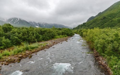 A River in a Mountain Valley under a Cloudy Sky 