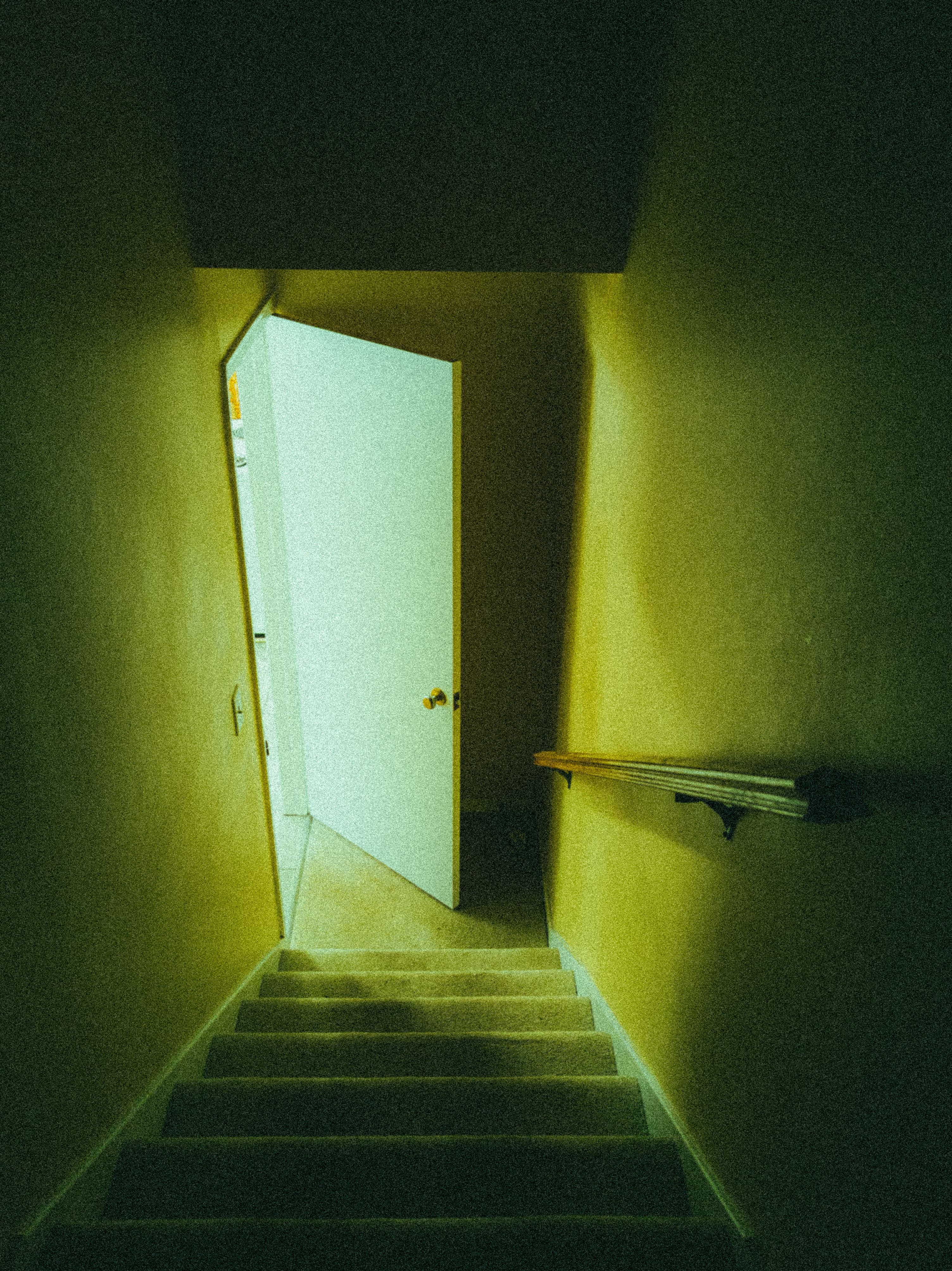 Moody basement staircase leading to an open door, creating a mysterious atmosphere indoors.