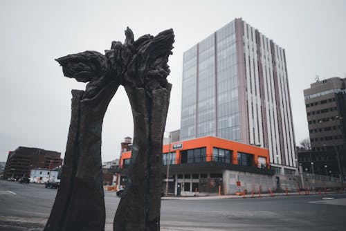 A Sculpture and a Modern Building in St Johns, Newfoundland, Canada 