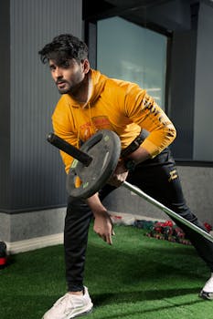 Athletic man in sportswear exercises with barbell in a modern gym.