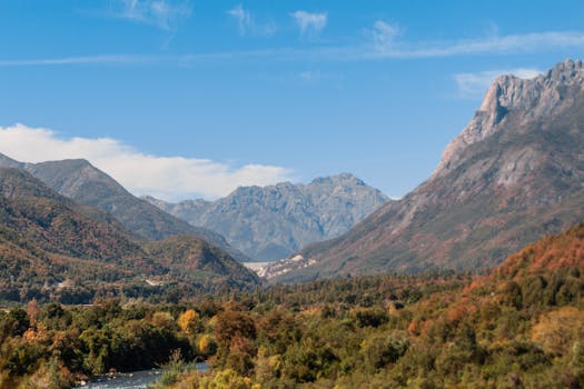 Beautiful aerial view of mountains and lush forest scenery with clear blue sky.
