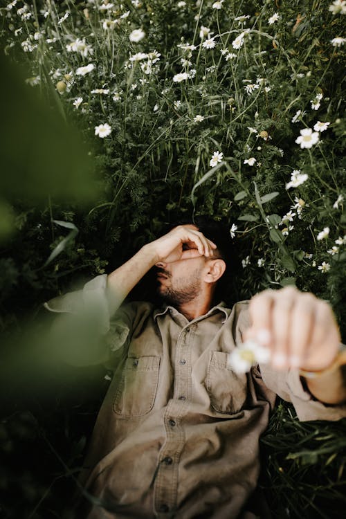 Free Man in Jacket Lying Down among Flowers Stock Photo