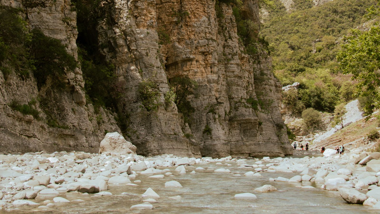 A clear stream running between rocks in a canyon near Përmet