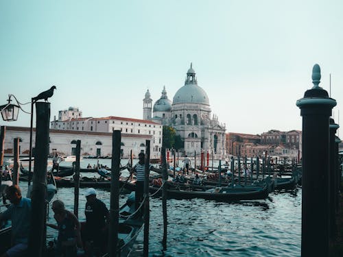 Free Gondolas on the Grand Canal with Santa Maria della Salute in Venice, Italy. Stock Photo