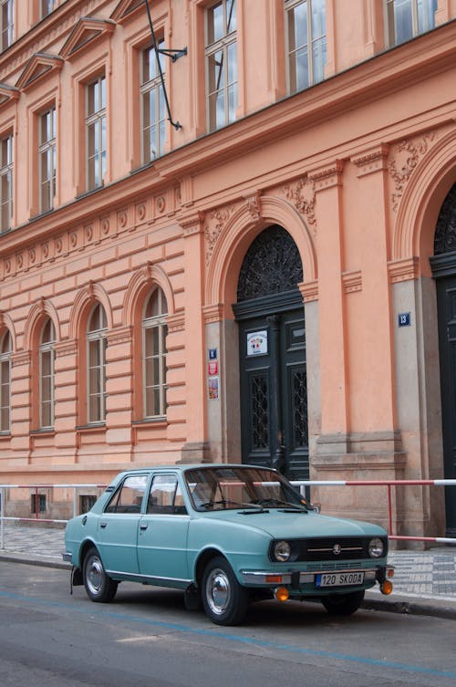 Classic Skoda 105 Parked in a Neoclassical Building in the Town of Nove Mesto