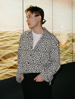 A fashionable adult man stands indoors with modern abstract background.