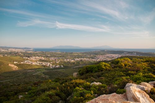 Free Panoramic view of Seferihisar, İzmir, Türkiye showcasing lush greenery and distant sea. Stock Photo