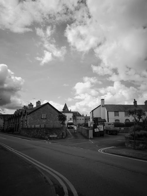 Black and White Picture of a Street and Houses in a Town 