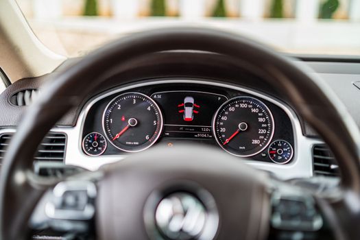 Close-up of a modern car dashboard showcasing advanced technology features.