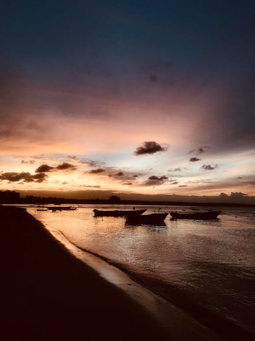 Silhouetted Boats Moored on the Shore at Sunset