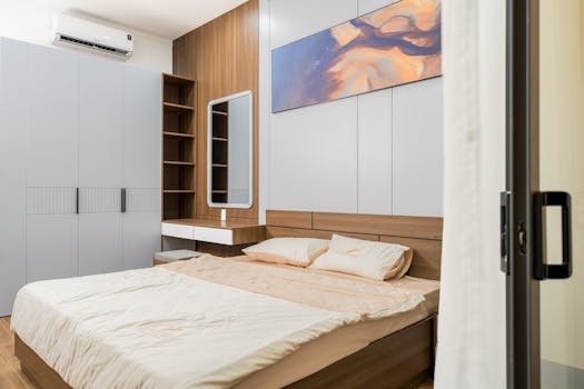 Cozy modern bedroom with neutral tones and minimalist decor, perfect for urban living.